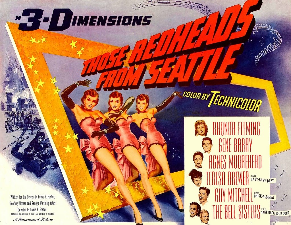 cinepastor's tweet photo. Película 374-2020:(**)"Las pelirrojas de Seattle"("Those Redheads from Seattle", #LewisRFoster, 1953)
En 1953 se rodaron en USA varias producciones en 3-D, entre ellas este #western musical. Esta tercera dimensión era, en este caso, un gancho comercial sin justificación narrativa https://t.co/sxcipaf1Gs