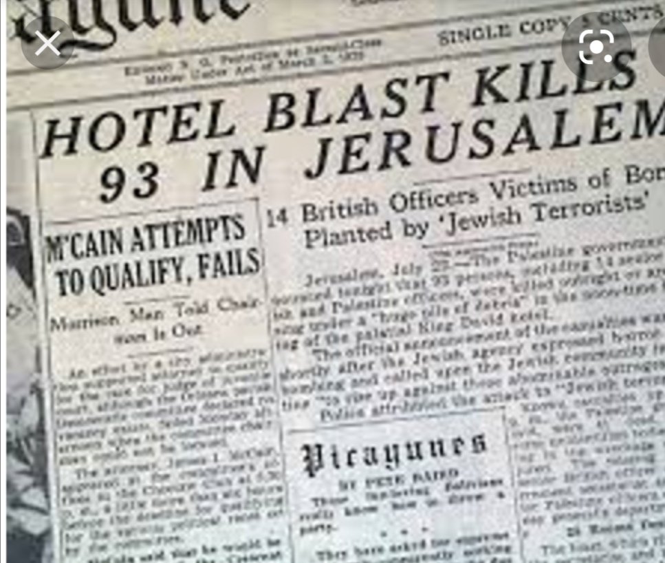 3) (1920-30/40's) the creation of Irgun, Stern, and Haganah Zionist terrorist organizations that committed multiple acts of terror in Palestine, against the Palestinians and the British . Ex. The bombing of the King David Hotel in 1946. They disguised themselves as Arabs.