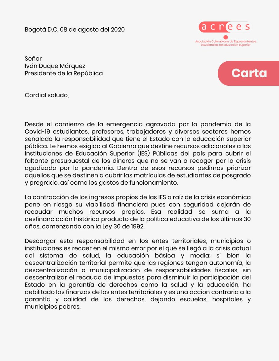 ACREESCOLOMBIA's tweet photo. En una carta que promovimos, más de cien líderes de opinión entre artistas, periodistas, congresistas, alcaldes, gobernadores, diputados, concejales y líderes gremiales y sociales de todo el país... 
Hilo👇
#DuqueMatrículaCero https://t.co/AwEdVDMF0G
