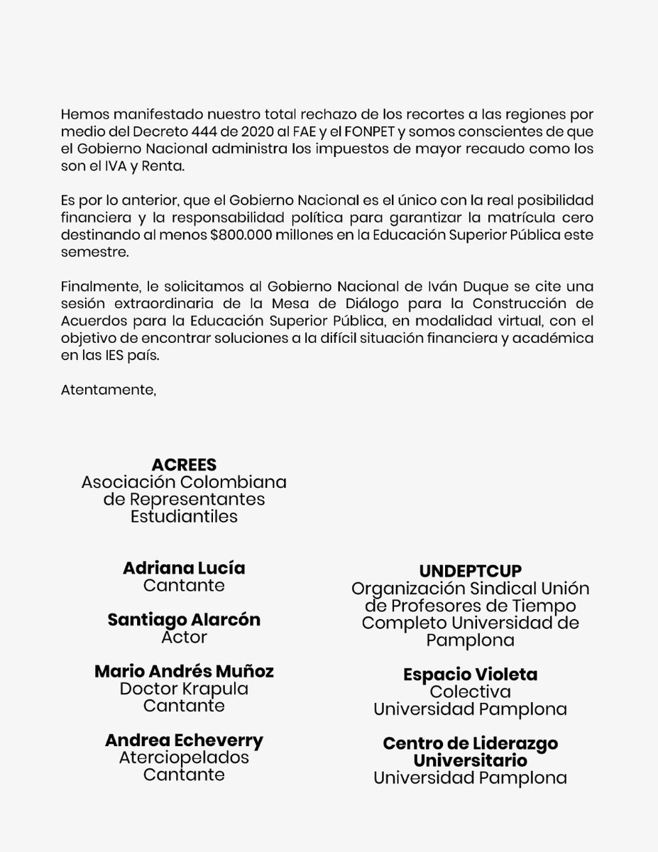 ACREESCOLOMBIA's tweet photo. En una carta que promovimos, más de cien líderes de opinión entre artistas, periodistas, congresistas, alcaldes, gobernadores, diputados, concejales y líderes gremiales y sociales de todo el país... 
Hilo👇
#DuqueMatrículaCero https://t.co/AwEdVDMF0G