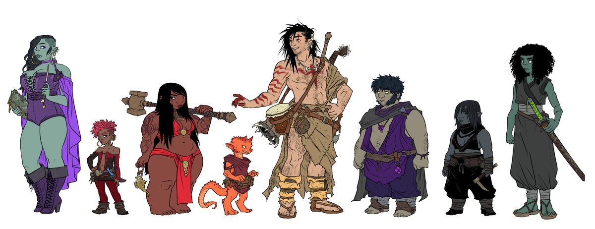 D&D characters! Left to right: Kadul Bloodridge (wizard), Nuvi Warmfire (bard/rogue), Naera Lightforge (warlock), Teeko (rogue), Kribrak Dreamborn (bard), Brem Nightwind (sorcerer), Smoke (monk), Zozya Gravemoon (scholar).