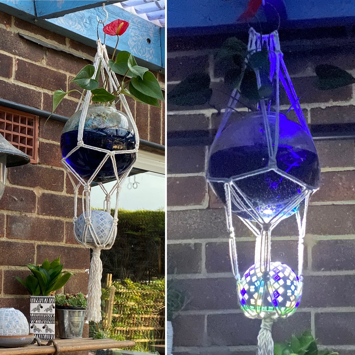 lifeforlivingot's tweet photo. #patio design continues as a weekend project. Thrilled with this plant hanger / mood light perfect way to enjoy this #summer evening! #weekendvibes #upcycle #lighting #diy #macrame #OTswhocraft https://t.co/MMKlgVexMS