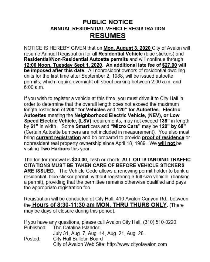 Annual vehicle registration resumes.
8:30-11:30 AM Monday - Thursday only.

Last day to register Tuesday September 1, 2020, 12:00 noon.

Residential and non residential autoette: golf cart, LSV/NEV and electric, micro cars. And blue stickers

cityofavalon.com/qcontent/NewsF…