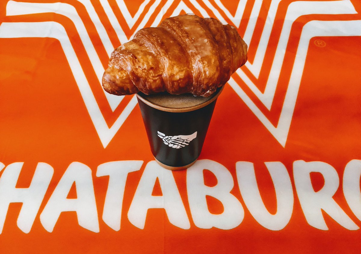 What a day for a Bourbon Burnt Sugar Latte, a DFC &amp; some FREE WHATABURGER SWAG.*

We asked Merideth what pastry she wanted and she said "Don't F*@#?!g Care."

We got Deep Fried Croissants and that's, totally, what DFC stands for.

*One item per person you greedy jerks.