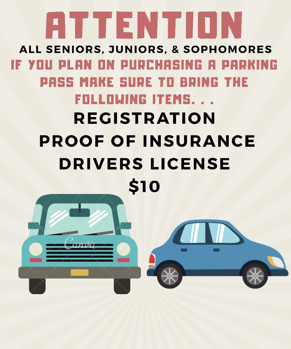 JGStudentSenate's tweet photo. 🚨A T T E N T I O N 🚨
(All seniors, juniors, and sophomores) 
If you are planning on purchasing a parking pass make sure to bring the following items . . . 
Registration, Proof of Insurance, Drivers License, and $10 https://t.co/IA3NJruj3B