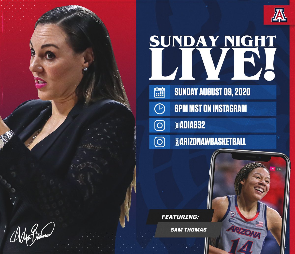ArizonaWBB's tweet photo. We have @s_thomas14 back on Sunday Night Live with @AdiaBarnes tomorrow at a new time at 6pm MST‼️

Catch up Sam to hear her talk about everything she has been doing this summer, which includes working at @Nike and being the co-president of SAAC. 

#MadeForIt | #BearDown https://t.co/Yjo5ECkelG
