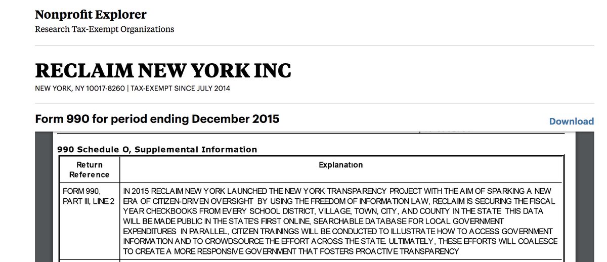 The 2015 Reclaim New York 990 part IV includes transaction of $45,000 from Cambridge Analytica for rental reimbursement That same year they describe launching The New York Transparency Project to build a public database of school and regional NY data https://projects.propublica.org/nonprofits/display_990/463982730/2017_04_EO%2F46-3982730_990_201512