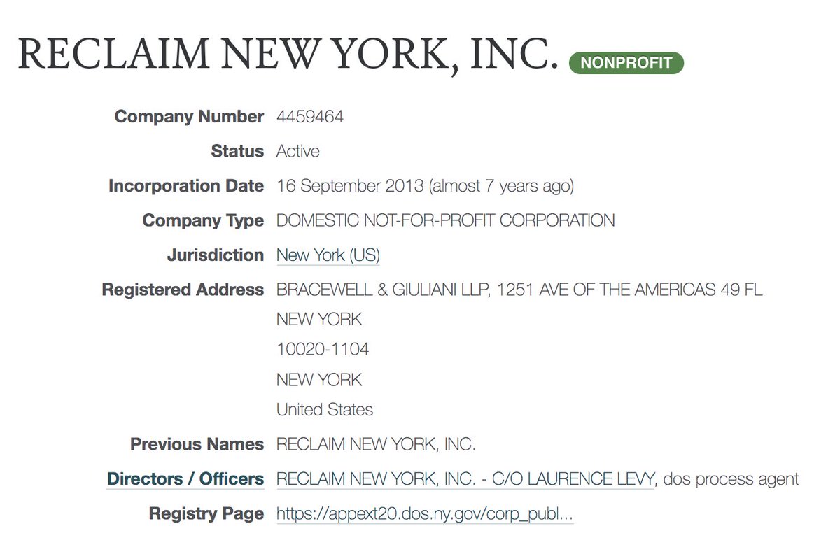 The WNYC story noted the original paperwork for Reclaim was filed by Laurence Levy, longtime associate of Rudy GiulianiOpen corporates shows registered address at Bracewell & Giuliani LLP https://opencorporates.com/companies/us_ny/4459464