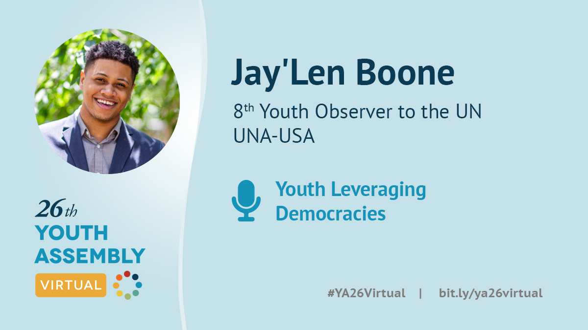 YouthAssembly's tweet photo. Former @USYouthObserver Jay'Len Boone talked about some avenues that #youth can take to make our way to decision-making tables:
1️⃣ Use what you have already
2️⃣ Read more, speak less, do more
3️⃣ See a problem, find or create a solution
4️⃣ Vote in municipal elections
#YA26Virtual https://t.co/xEsKyfJLnS