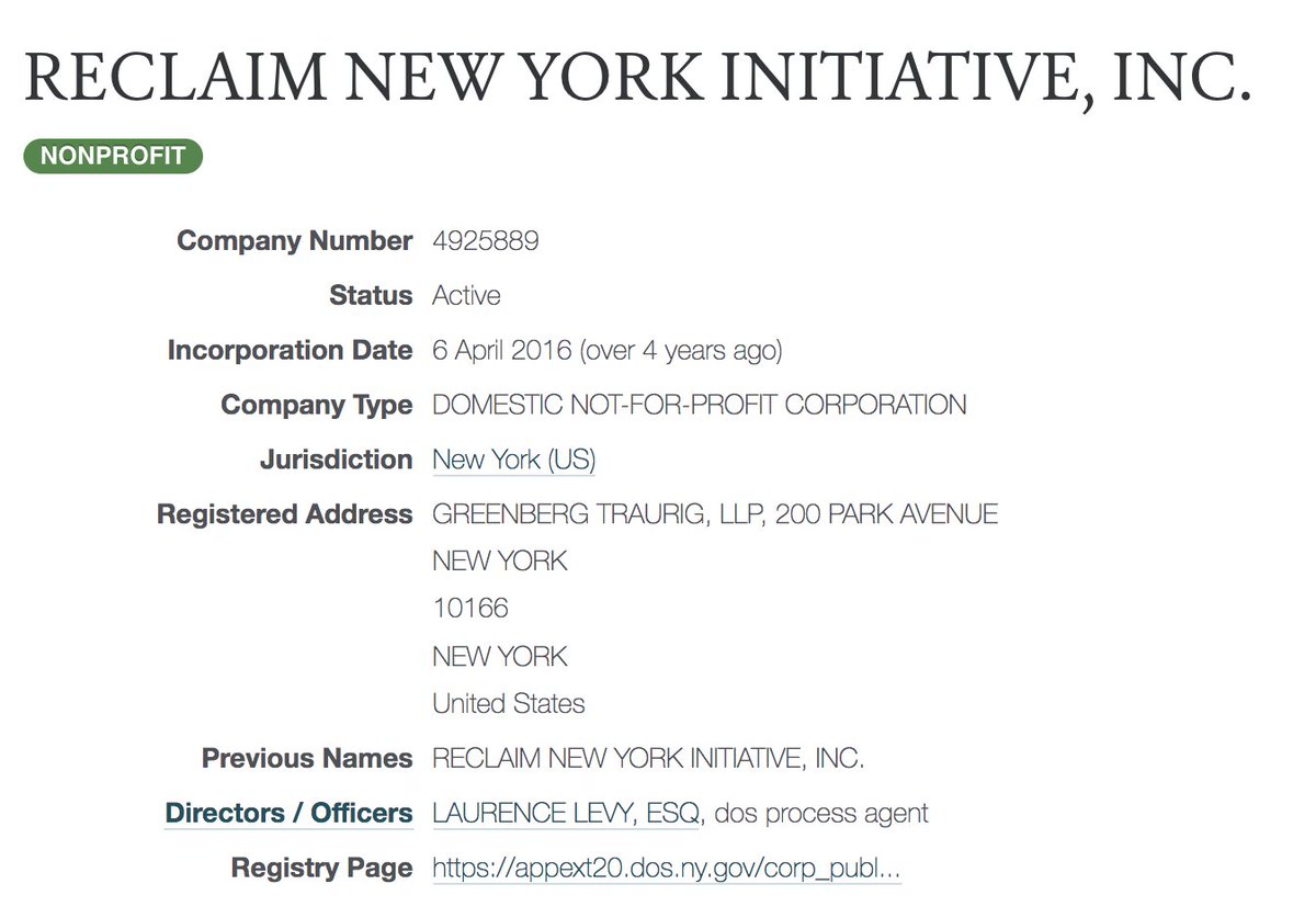 The related Reclaim New York Initiative, Inc., Incorporated in 2016, lists Laurence Levy as director w/address at Greenberg Traurig Interesting that Giuliani assoc Levy set up 2 Mercer Reclaim entities in 2013 & 2016 & advised Cambridge Analytica in 2014 https://opencorporates.com/companies/us_ny/4925889