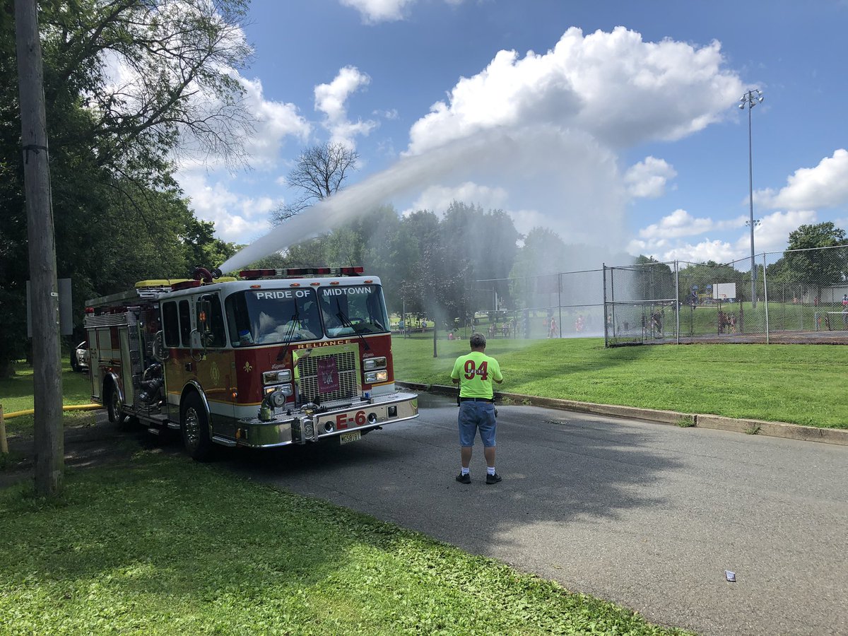 RichHay2's tweet photo. Today 94 Fire had another installment of “Making it Rain” cool down for our residents @ Walters Park.  Thanks to the crew of E-66 for providing the “Rain”. https://t.co/ODhA9A8Lg9