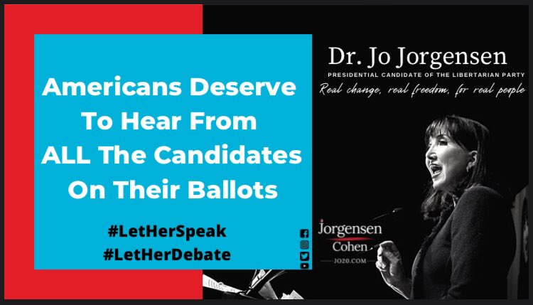 SailorKate87's tweet photo. Hey, @debates ! #LetHerSpeak If you can put 20+ candidates from ONE party on the stage to hash out a mere nomination, you can have THREE to prove who is worthy of our vote for President! And @Jorgensen4POTUS is on ALL ballots! https://t.co/lsXu9qCbxA