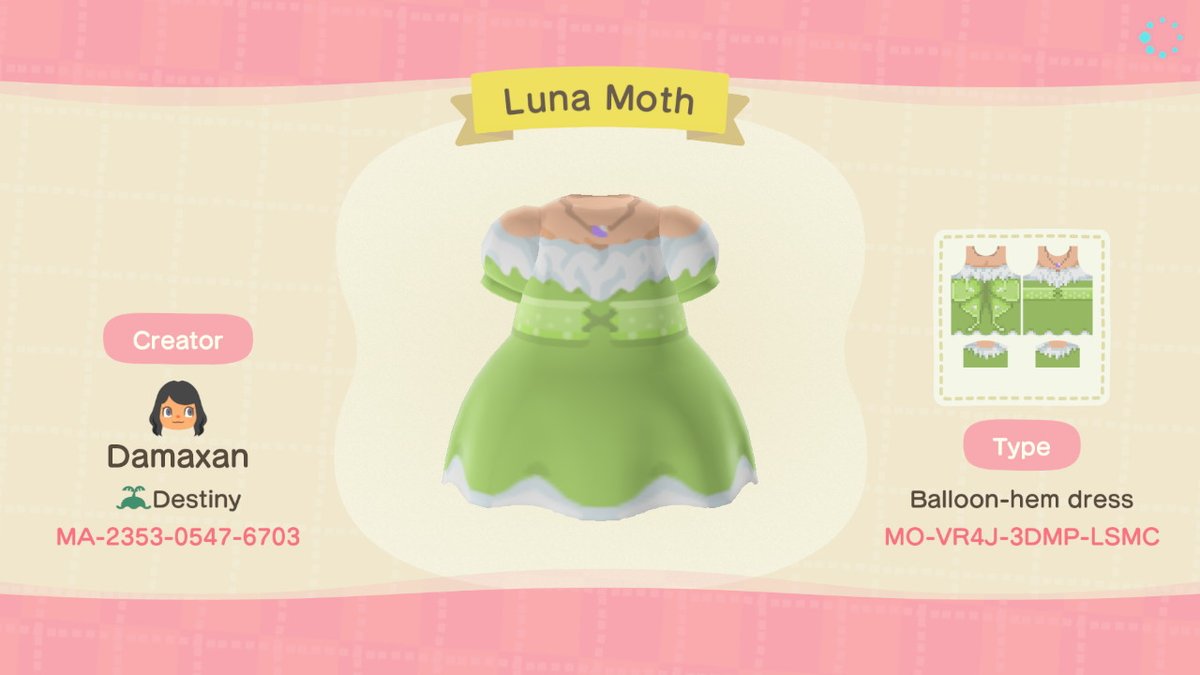 DamaxanACNH's tweet photo. ALL SKINTONES AVAIL! Luna moth dress with wings #AnimalCrossing #ACNH #acnhdesigns #acnhdesign #lunamoth https://t.co/W1MSKm3Bmp