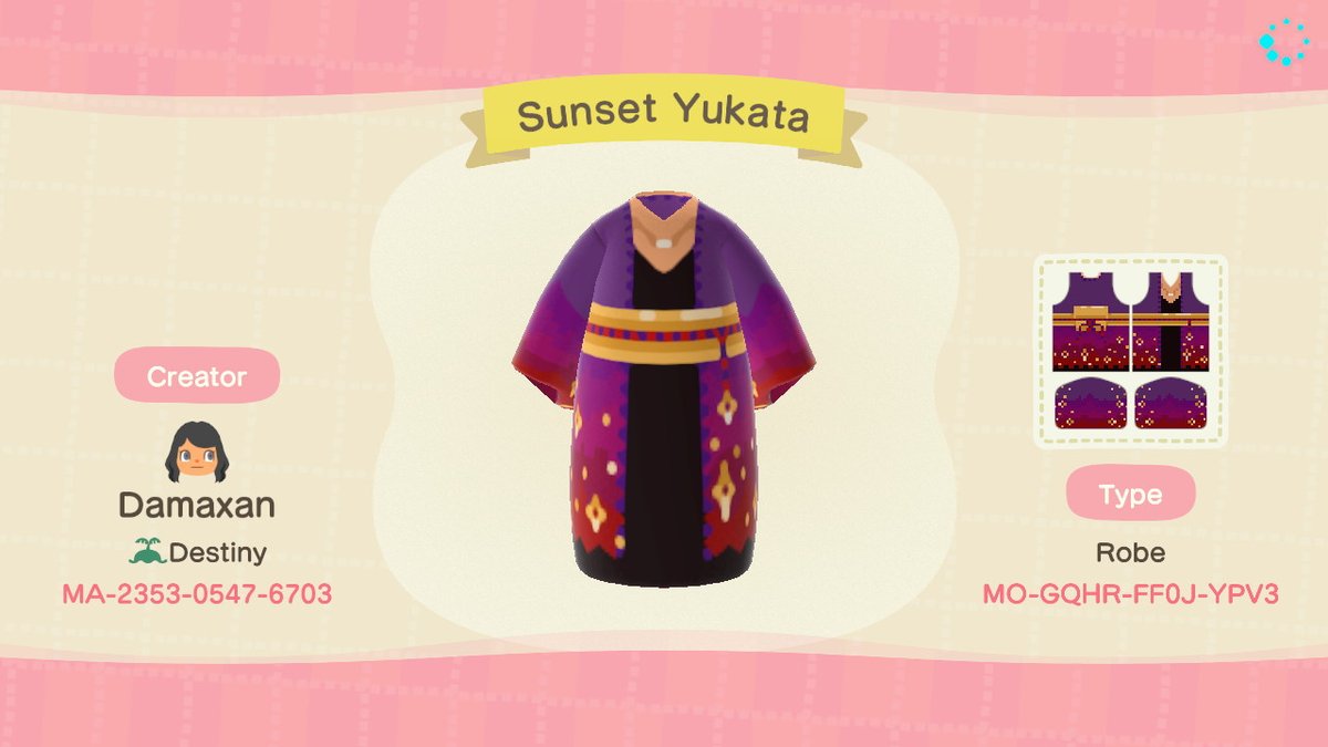 DamaxanACNH's tweet photo. Gold embroidered sunset yukata with sparkles + stars fore fireworks! #AnimalCrossing #ACNH #acnhdesigns #acnhdesign https://t.co/HclSVfFFHX
