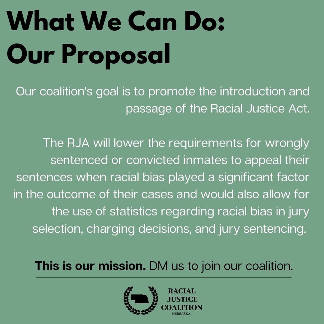 Currently, Nebraska lacks a clear view and comprehensive data as to how we can ensure justice for all. Our coalition will be conducting statistical studies on how bias creates racial disparity in our criminal justice system. Follow for updates on our findings. (3/3)