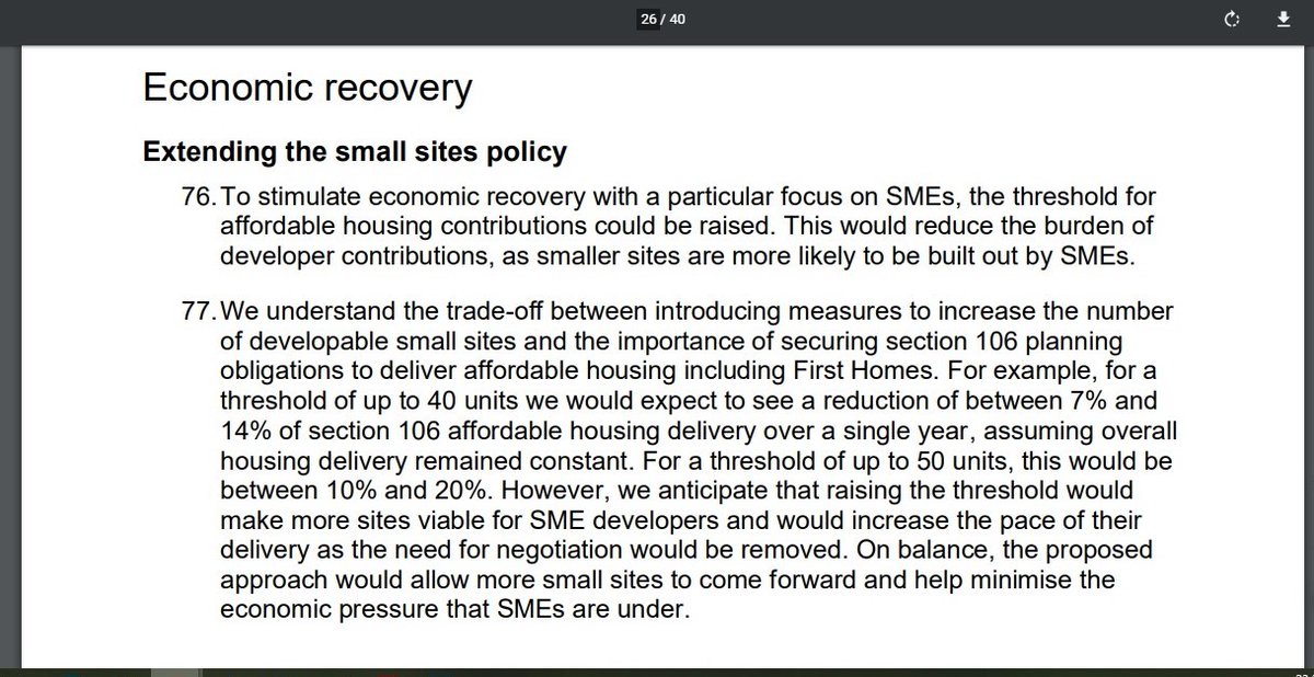 partridgebirdie's tweet image. Gov consultation doc estimates impact of raising the threshold for affordable housing as 7%-20% loss of contribution to Affordable Housing delivery.

That is before the White Paper proposals even start.

No concern for the housing needs of everyday people.

#developerscharter