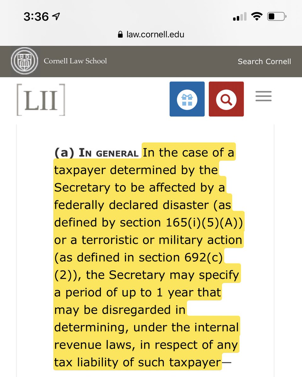“ In the case of a taxpayer determined by the Secretary to be affected by a federally declared disaster, the Secretary may specify a period of up to 1 year that may be disregarded in determining, under the internal revenue laws, in respect of any tax liability of such taxpayer— “
