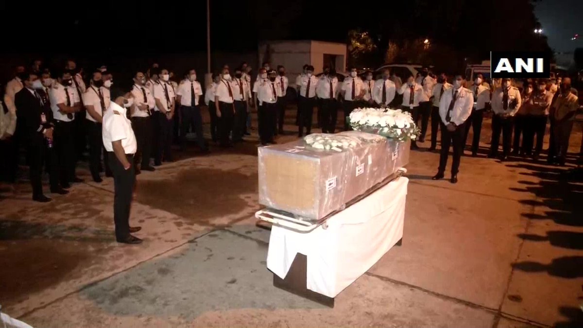 ANI's tweet photo. Delhi: Mortal remains of co-pilot Akhilesh Kumar who lost his life in the flight crash landing incident at #Kozhikode arrives at Delhi Airport. Air India Express employees pay tributes to him. 

His mortal remains are being taken to his native place in Mathura, Uttar Pradesh. https://t.co/vSlqc9tabW
