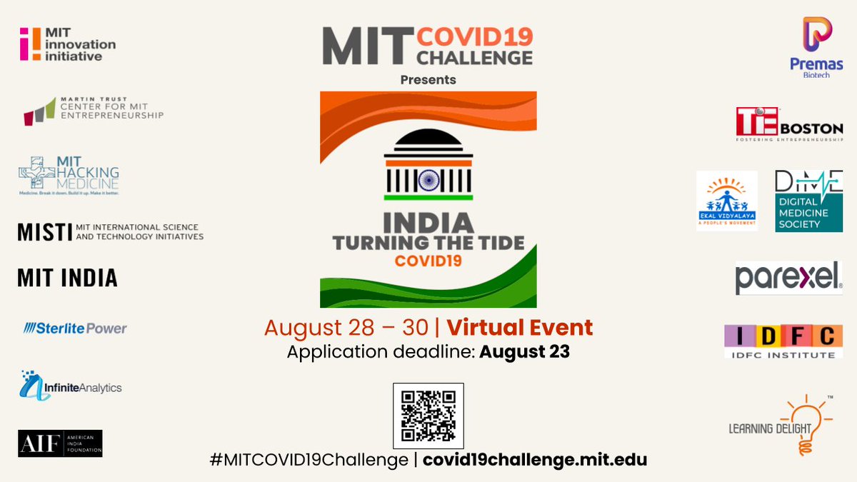 The <a href="/MITvsCOVID19/">MIT COVID-19 Challenge</a> is back to tackle the next pressing #COVID #coronavirus challenges! Join us for India: Turning the Tide (Aug 28-30), as we tackle #COVID19 problems of the world's largest democracy. Applications open on 10th August! covid19challenge.mit.edu #MITCOVID19Challenge