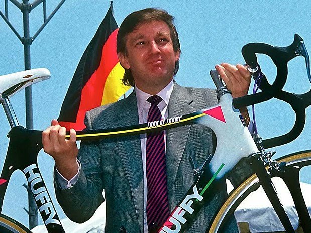 As the article states, Trump tried to make a stage race called the Tour de Trump happen from 89 to 91, which ultimately failed due to his financial troubles. Here he is holding a Huffy.