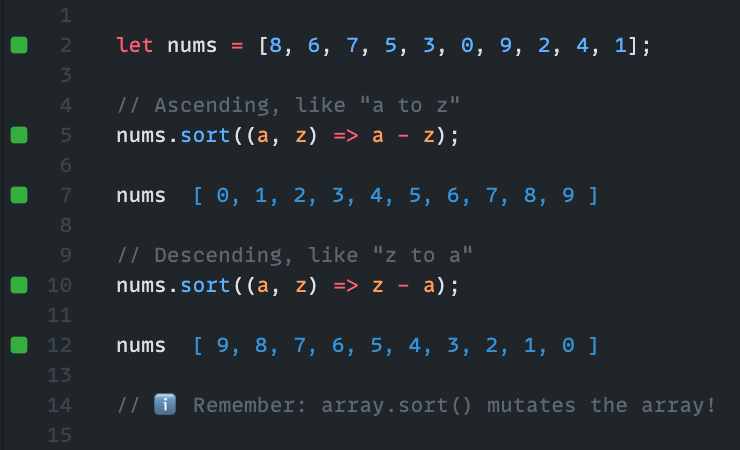 DavidKPiano's tweet image. 🔢 Quick tip: if you're sorting an array in JS and keep forgetting how to write the compare functions (like I do), here's a mnemonic device:
(a, z) => a - z // ascending, like "a to z"
(a, z) => z - a // descending, like "z to a"
Hope this helps someone!