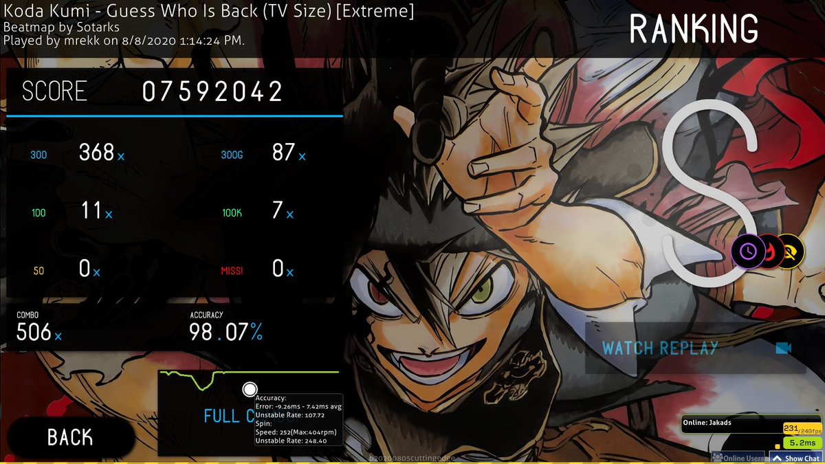 osu_SOTD's tweet image. August 8th, 2020's Score of the Day: mrekk (@mrekkosu)'s first ever HDDTHR FC on the Guess Who Is Back topdiff with 98.07% accuracy, earning him the #1 spot on the map's leaderboard and the new Oceanic pp Record at 1,137pp!