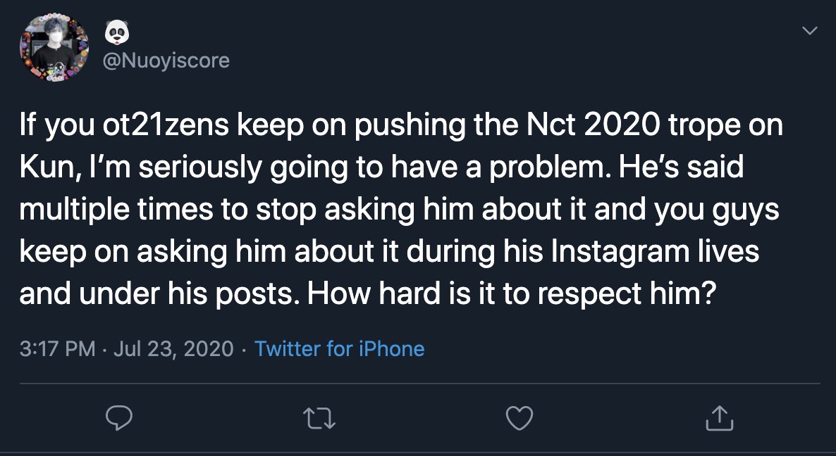 Separatists also claimed Kun had previously asked fans “multiple times” not to ask about NCT 2020 anymore, but that’s an out of context exaggeration. They’re referring to Kun’s April 19 yizhibo live where ot21 cfans kept writing NCT 2020 in the comments because they were curious