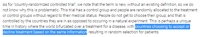 23/n The discussion section is also, it must be said, a sight to beholdThey defend their decision to use the term "country-randomized controlled trial" despite CONTRADICTING THEMSELVES (countries deciding is by definition NOT RANDOM)