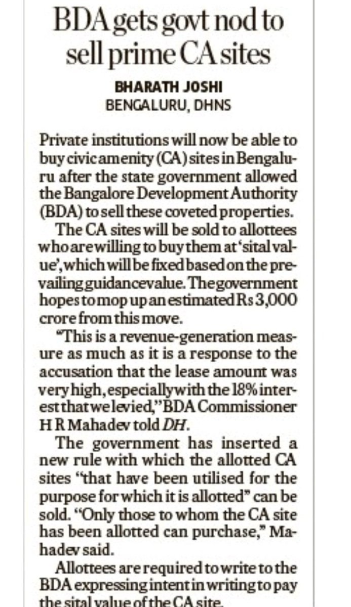 CM @BSYBJP and @drashwathcn, why is the state govt giving away prime property (CA sites) at guidance value? Why not transparently auction them? This process will lead to a big BDA land scam.