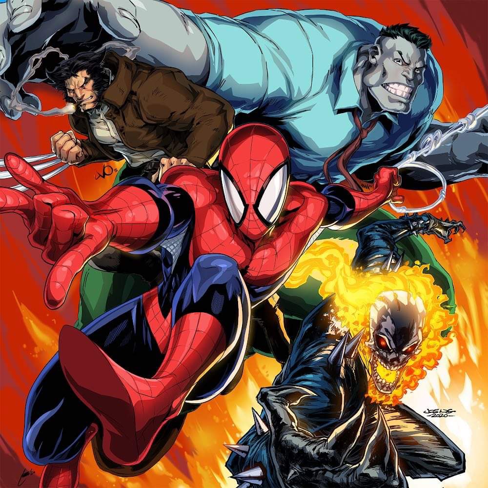 Thanks to everyone who dropped by our drawing session today :) It's always fun hanging out on @thechamba's Twitch channel. Spidey by me, Ghost Rider by @trickydigits, Wolverine by @vostalgic, and Hulk by @thechamba. #newfantasticfour #wolverine #ghostrider 