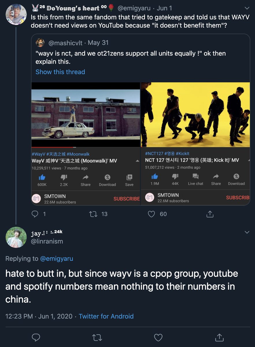 What’s really puzzling is that half of separatists say no other streaming apps but QQ matter, but then the other half is complaining about WayV’s youtube streams. Their agenda isn’t even organized, so which struggle is it?