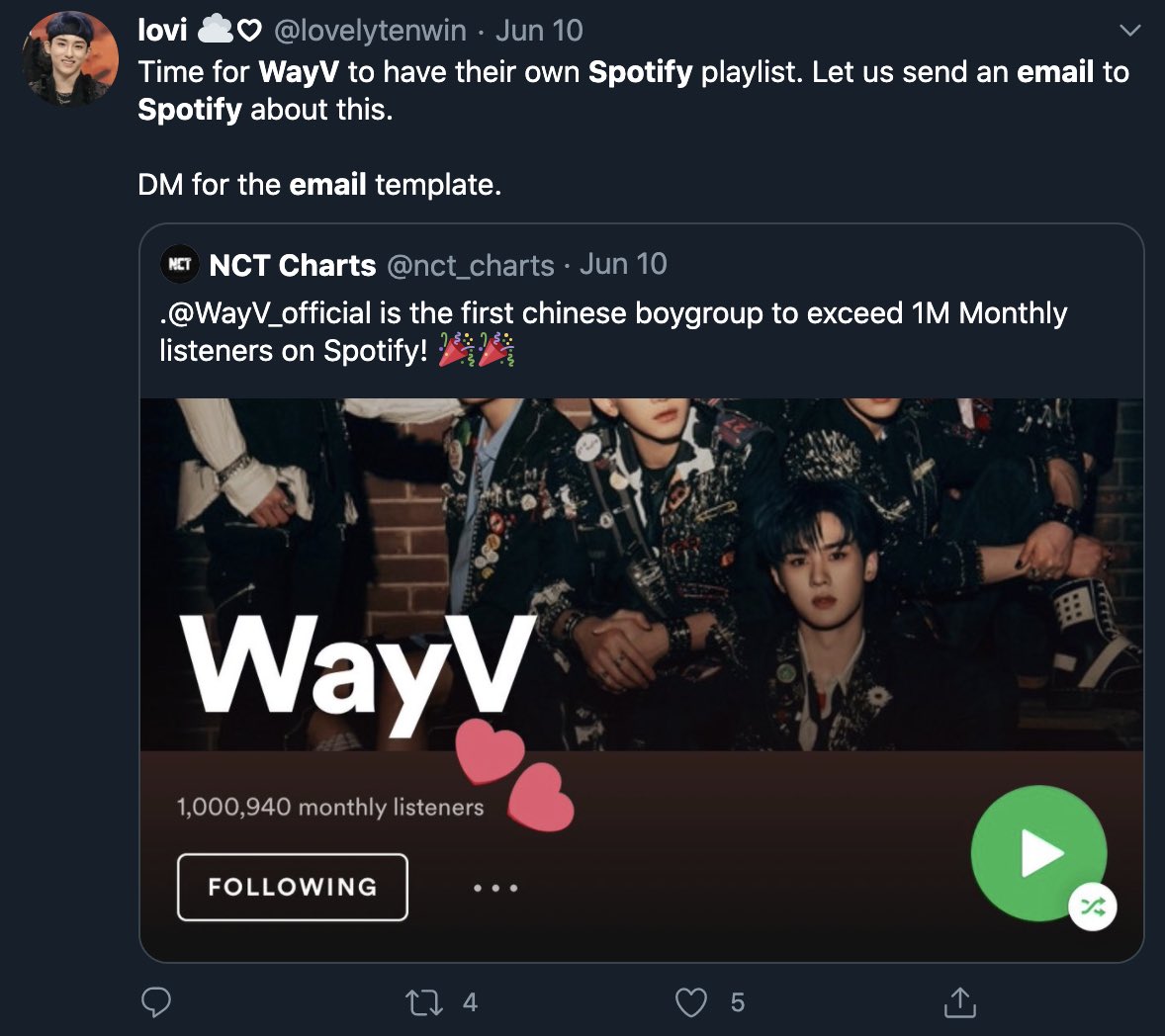 WayV was likely added to the NCT playlist this year because SM has been moving them back into the NCT brand now that China-Korea relations are starting to settle. It’s ok to request a playlist for WayV as well, but they also demanded they be removed from the NCT playlist