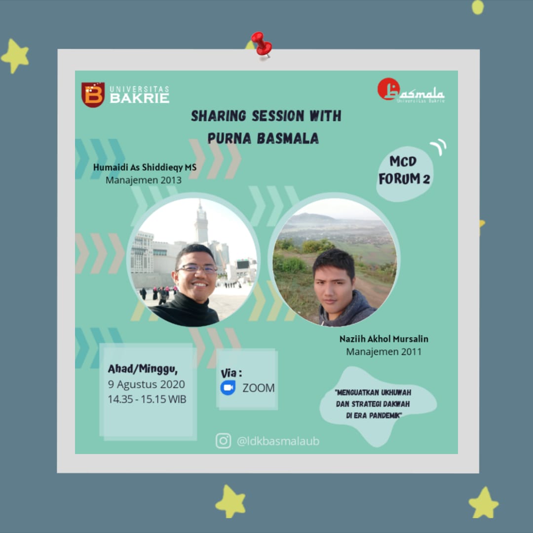 Assalamualaikum
Sharing Session dilaksanakan pada :⁣⁣⁣
📅 Ahad / Minggu ⁣⁣⁣
🕑 14.35 - 15.15 WIB ⁣⁣⁣
📍 Zoom⁣⁣
Bersama :⁣⁣⁣
👳‍♂ Kak Humai ⁣⁣⁣
👳‍♂ Kak Nazi⁣⁣

📌Ada E-Sertifikat untuk kamu sahabat pejuang basmala &amp; awarding untuk tugas yang sudah diberikan😉