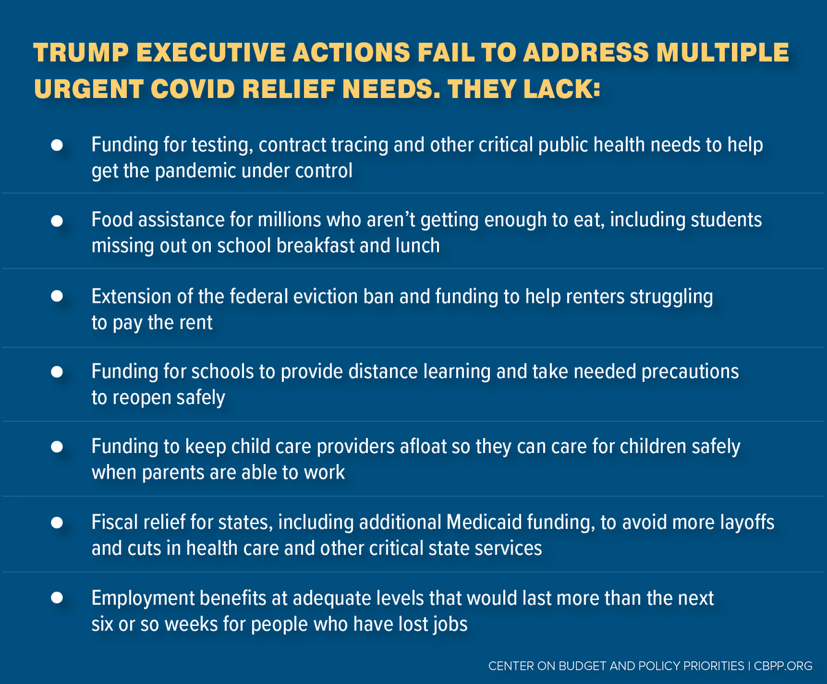 THREAD: President Trump’s new executive actions should deeply concern all Americans. They fall dramatically short of responding effectively to the enormous need across the country due to COVID-19 and the deep recession:  https://www.cbpp.org/press/statements/greenstein-trump-covid-19-executive-actions-woefully-inadequate-legally-dangerous  #COVID19