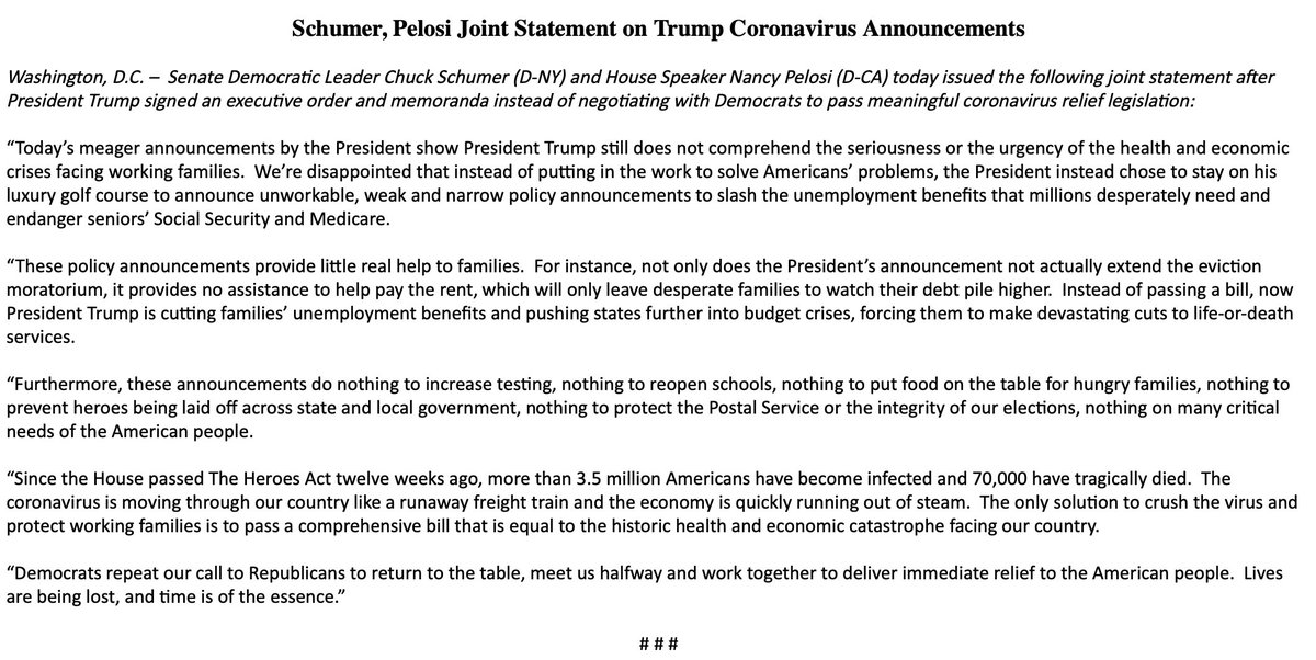 Instead of putting in the work to solve Americans’ problems, Pres. Trump chose to stay on his golf course to announce unworkable, weak & narrow policy announcements to slash the unemployment benefits that millions desperately need and endanger seniors’ Social Security & Medicare https://t.co/QNwu3HEcbi
