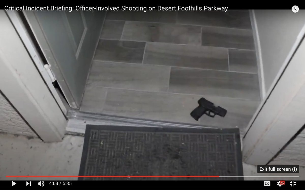 10) After the man is shot, both hands come into view and he has no gun in hand at that point. The gun was found in the doorway later.