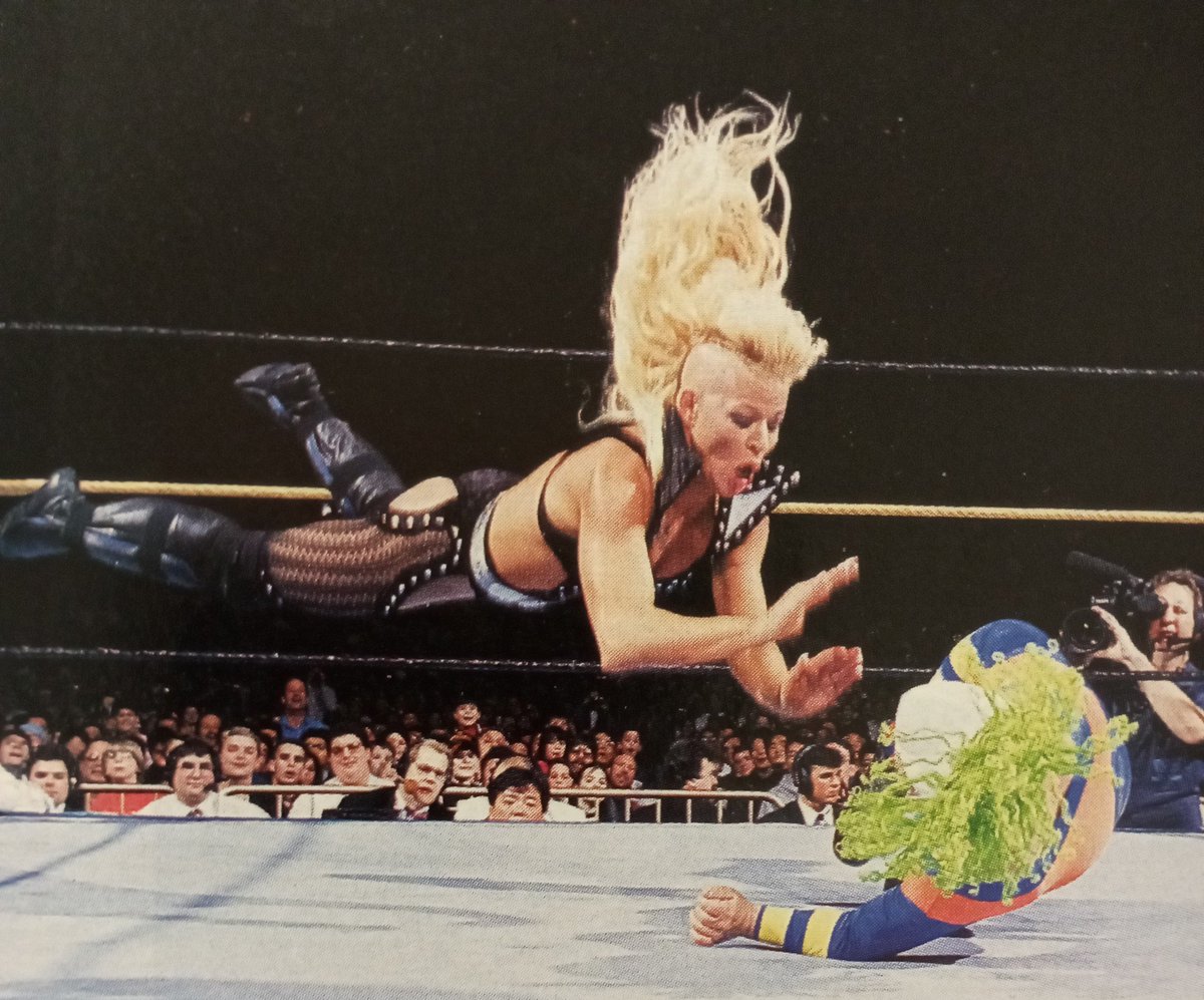WrestlingIsKing's tweet photo. Luna Vachon takes a dive onto the diminutive Dink the Clown during the mixed tag team match at WrestleMania X https://t.co/FUd6qIvzjc