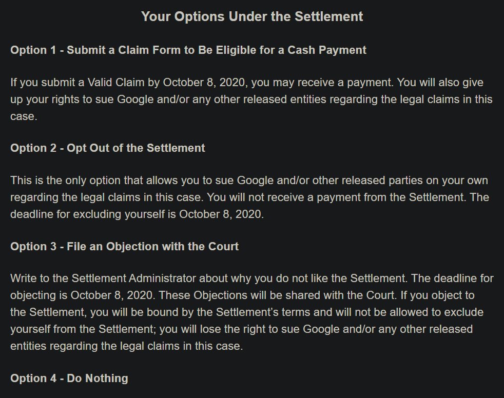 MansourTreehous's tweet image. I just received this email from google itself.

I am definitely choosing option 1: Submit a Claim Form to Be Eligible for a Cash Payment

You should as well

#ddpForAll @ddpforall