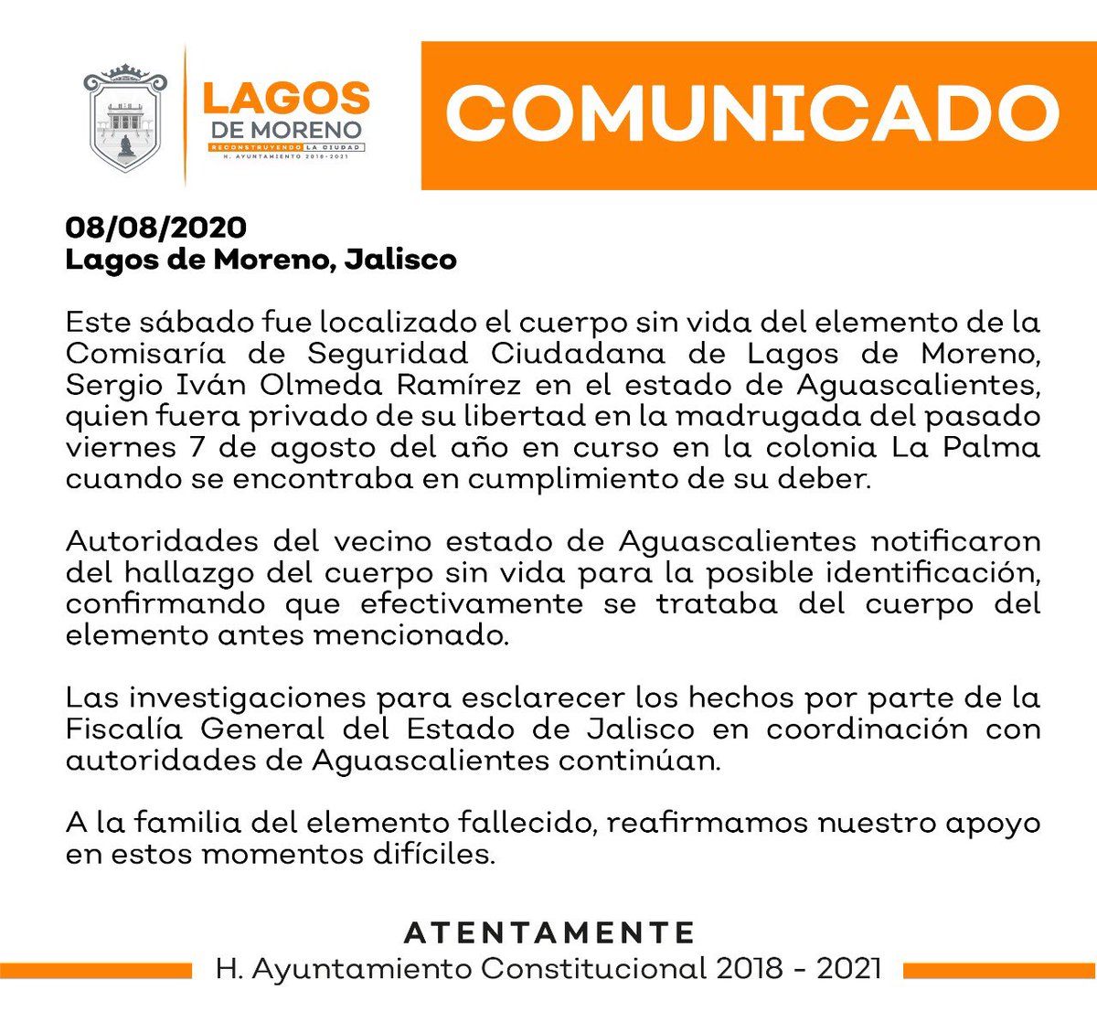 GobiernodeLagos's tweet photo. #Comunicado 
Respecto al elemento de Seguridad Ciudadana desaparecido el pasado viernes https://t.co/fphOVUdcL7