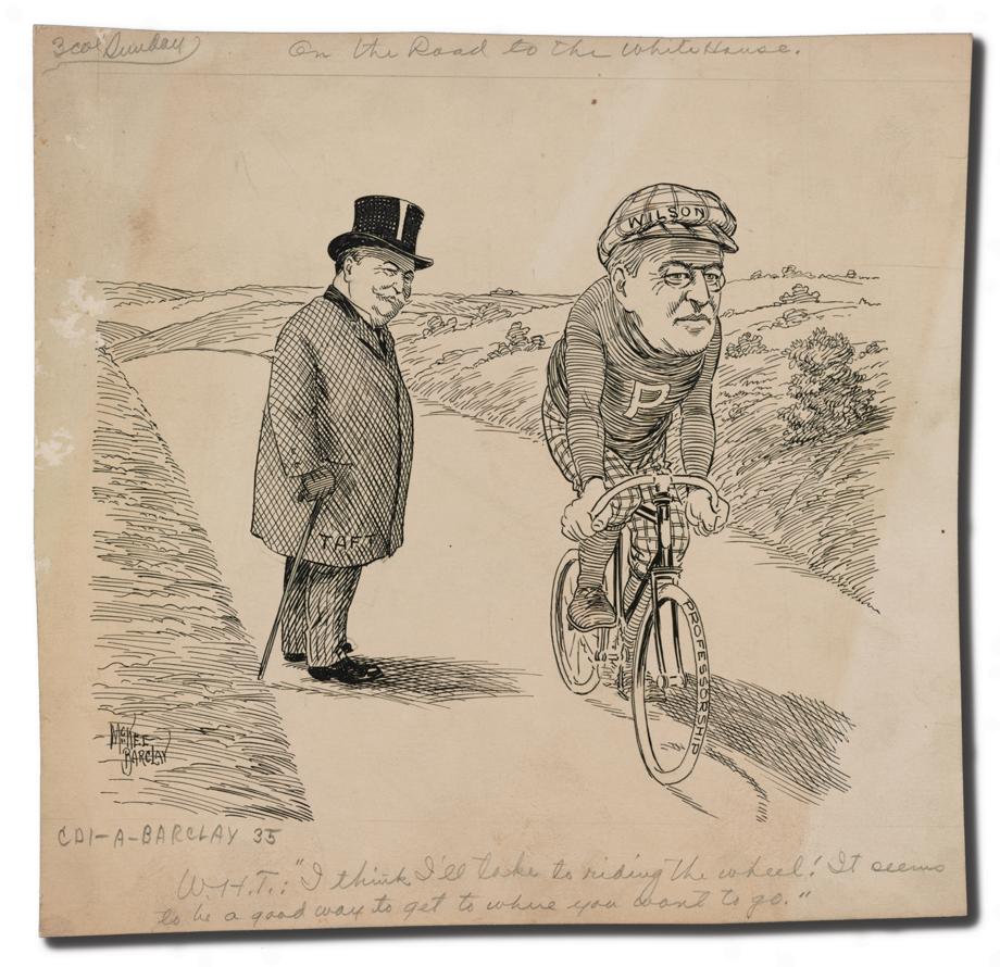 Next is Woodrow Wilson. Somehow he escaped being photographed on a bike, because Woodrow Wilson rode bikes a lot. The only image I could find is this political cartoon.