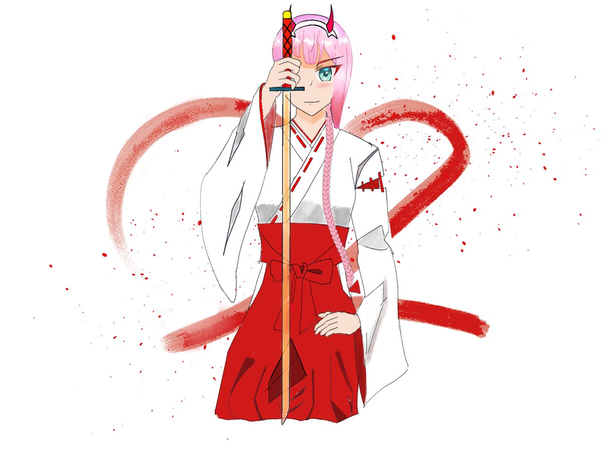 Brain: Lets draw Zero Two with miko outfit holding a sword! Heart