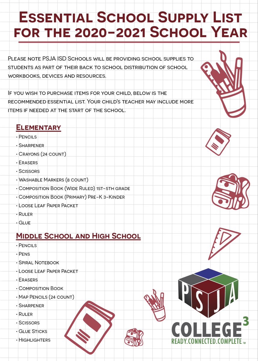 Psja Isd On Twitter Check Out Our Essential School Supply List For The 2020 2021 School Year Remember We Are Starting School 100 Online Sept 8 2020 With Virtual Enrichment Days From Aug Psja Supply List 2022