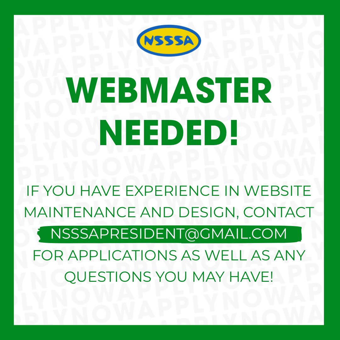NSSSA's tweet image. The NSSSA is looking for a new webmaster! 💻 If you are interested in this position, please contact nsssapresident@gmail.com for application requests and additional information!