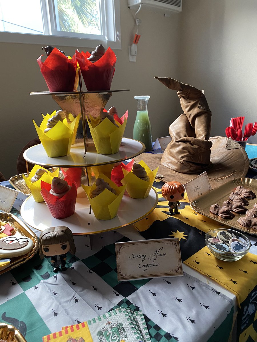 The food spread was all Harry Potter themed! Chocolate frogs, veggies from Professor Sprouts garden, Nimbus 2000s, Rock cakes (cookies), and polyjuice potion (kiwi lemonade),