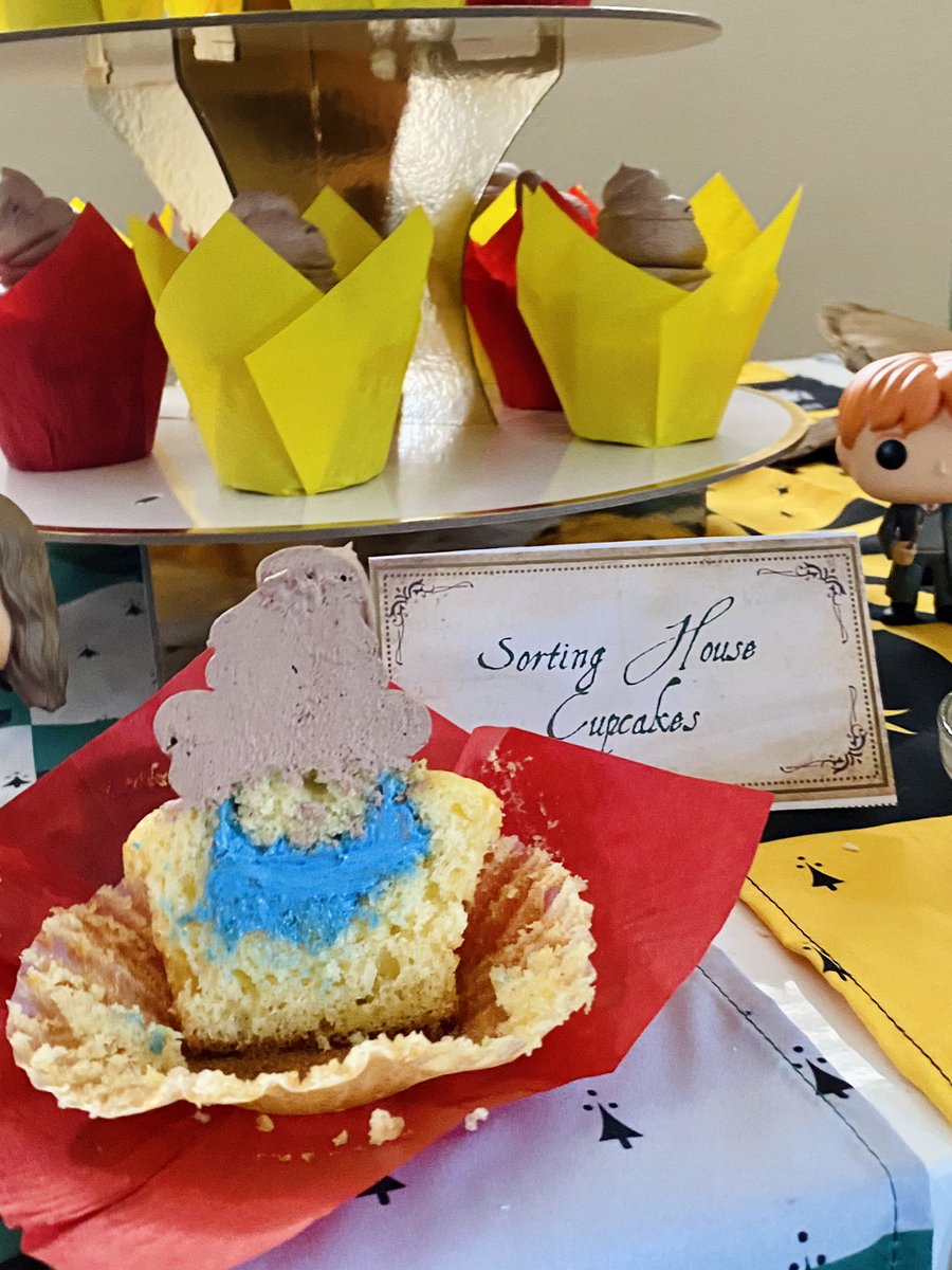 For the sorting hat cupcakes, we used the hat and the first bite tells you what house you’re in then you get a pin of your house