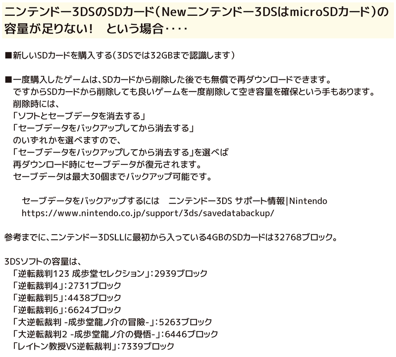 ほそぼそ お知らせ 逆転裁判シリーズ ダウンロード版 セール開催中です 2枚目の画像に ニンテンドー3dsのsdカードの 容量が足りない場合について解説を入れてあります Gyakuten