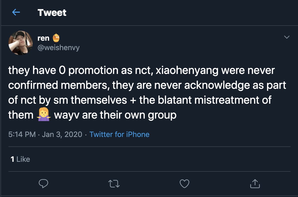 They assumed WayV wasn’t receiving enough stages and promotions and that Label V wasn’t managing them correctly. Many compared their promotions to 127/Dream and said they wouldn’t acknowledge WayV as NCT until they got equal promotions as the other units.
