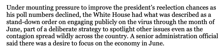 The Post reports that in June, despite the resurgence of the virus, the White House had "a stand-down order on engaging publicly" about it, as "part of a deliberate strategy to spotlight other issues," particularly the economy, "to improve the president’s reelection chances." /5