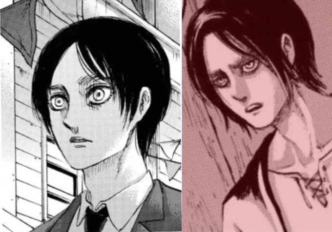 Idk if Eren had a hair cut before coming to Marley or smth but... the hair length difference looks quite distinguishable, but it might as well be Isym's artsyle being not the most consistent, so i take it more as a reference. 