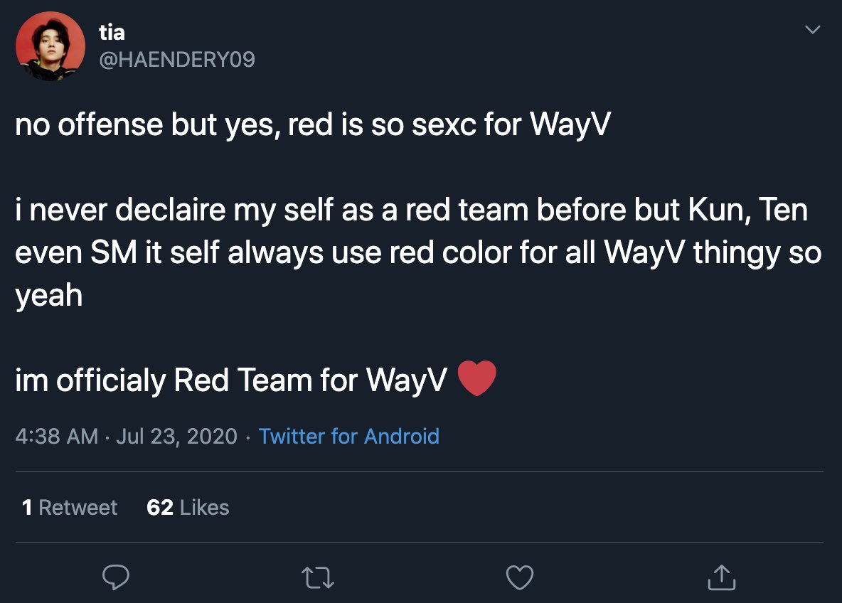 And every time WayV releases content with red in it, they act like it’s a confirmation of a fandom color change, or that WayV is sending them some subliminal message that they want red.